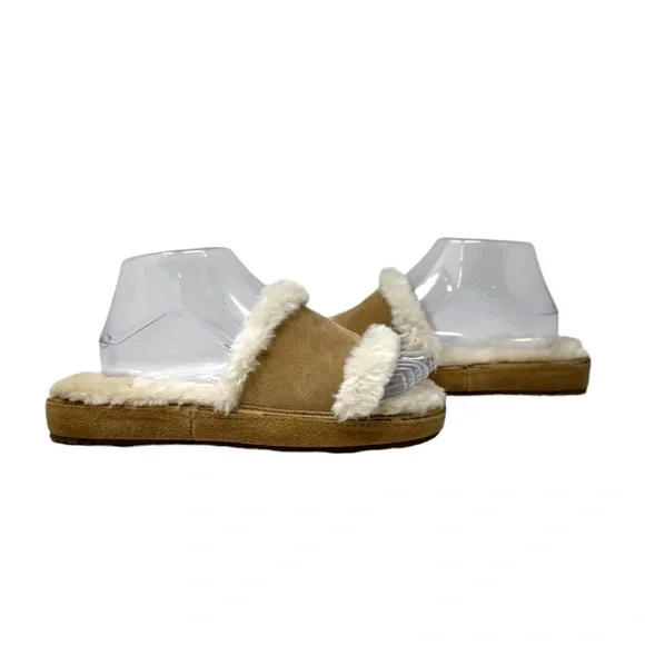 Minnetonka Suede Leather Faux Fur Open Toe Slippers Slides Tan Womens Size 7 - Picture 9 of 9